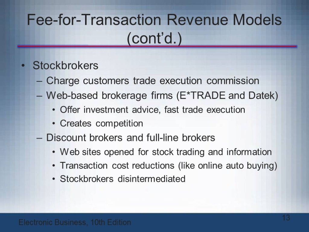 Fee-for-Transaction Revenue Models (cont’d.) Stockbrokers Charge customers trade execution commission Web-based brokerage firms (E*TRADE